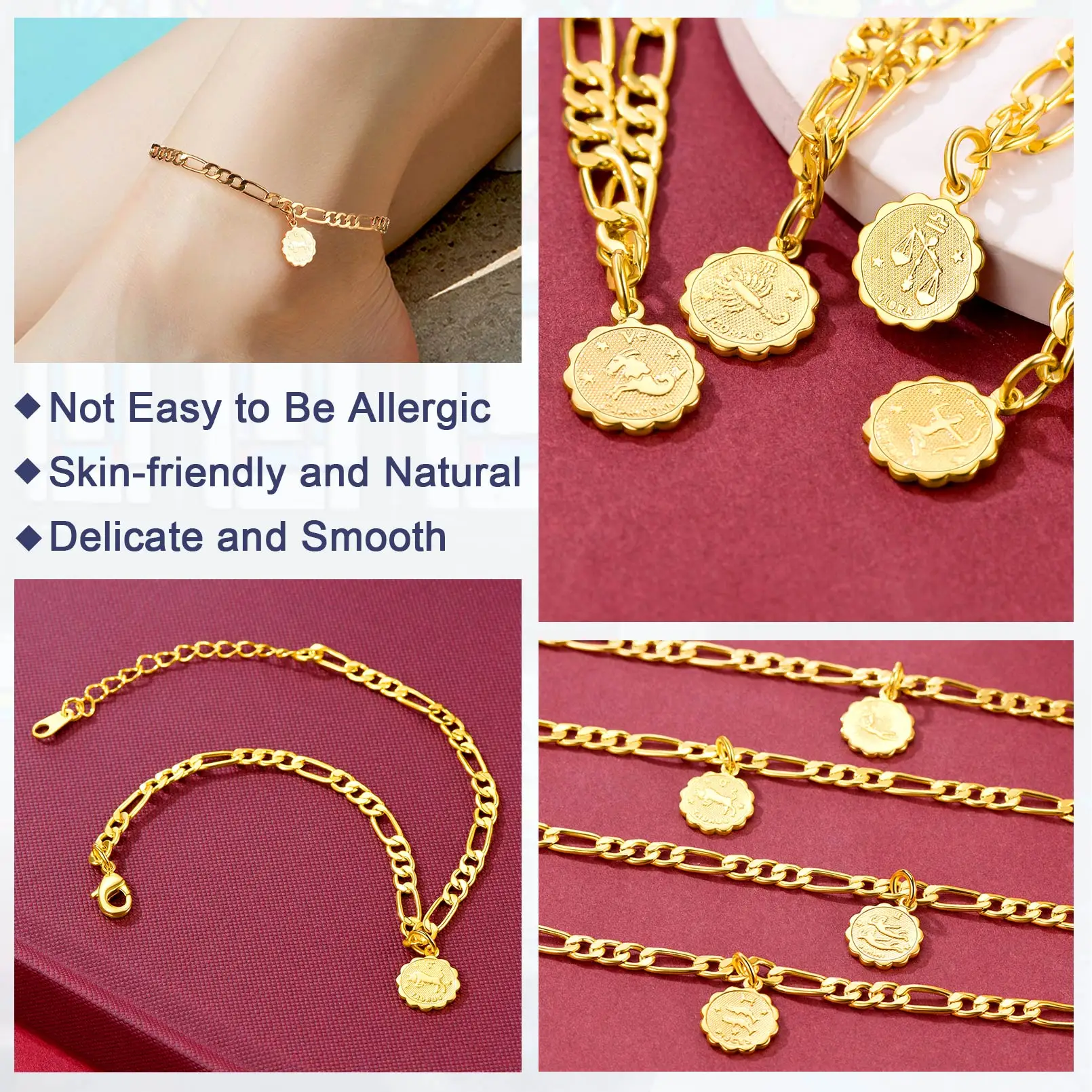 U7 زودياك عملة مستديرة فراشة سحر الخلخال أساور طويلة للنساء 4.5 مللي متر فيجارو سلسلة 8.5 بوصة كوكبة الشاطئ مجوهرات