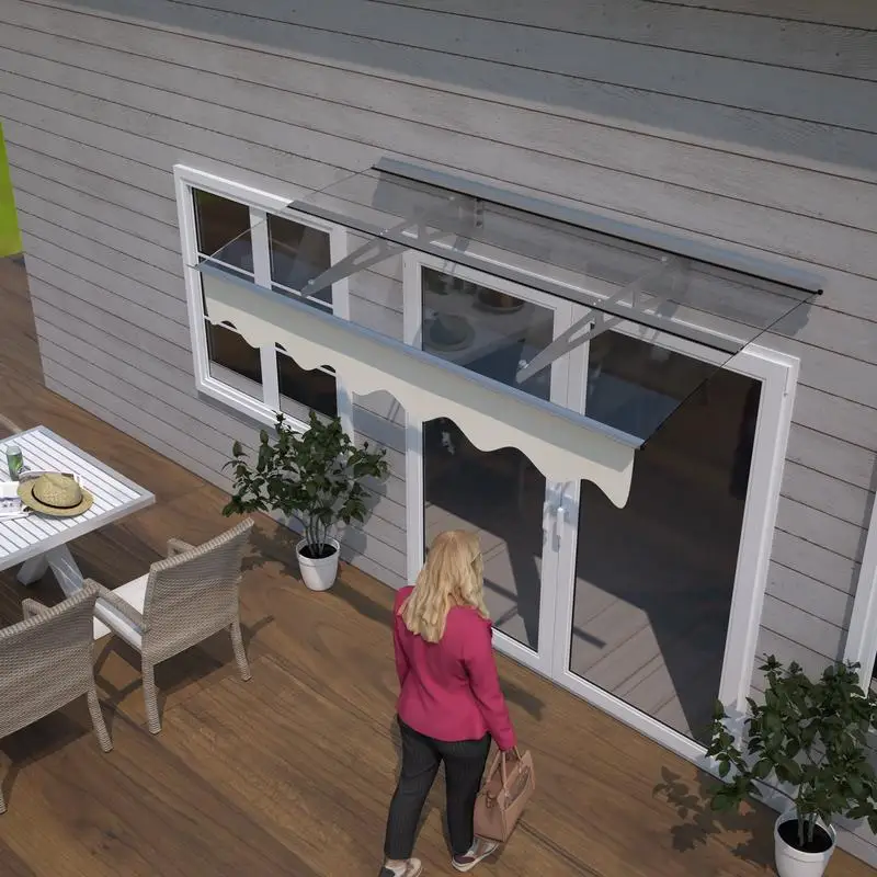 

59" x 34" Door Window Awning Canopy, 0.137" Thick Clear Polycarbonate Sheet with Polyester Valance for Wooden Homes.