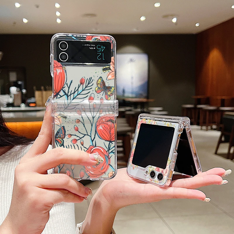 Flower Print Clear Phone Case For Samsung Galaxy Z Flip 6 5 3 5G Transparent Hard Folding Cover For Samsung Z Flip5 Flip4 Flip6