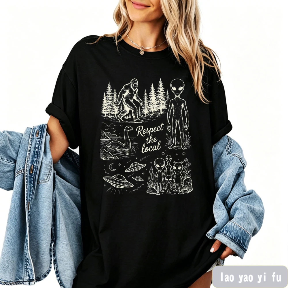 

Retro Respect The Locals Cryptid Shirt Protect National Parks Sasquatch Bigfoot Alien Unisex Tees Vintage Postage Stamp Clothes