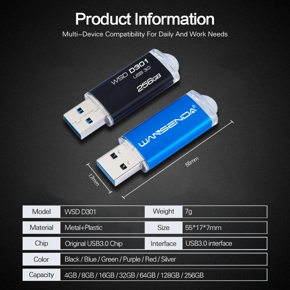 WANSENDA D301 USB 3.0 แฟลชไดรฟ์ 32GB ไดรฟ์ปากกาโลหะ 16GB 64GB 128GB 256GB Pendrive ความจุจริง Memory Stick U Disk
