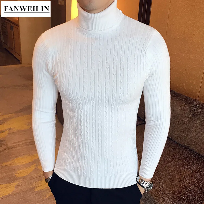 

Casual Men Winter High Solid Color Sweater Turtleneck Brand Mens White Sweaters Slim Knitted Fit Pullover Twist Striped Knitwear