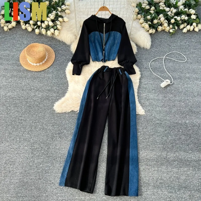 

LISM Denim Casual two piece outfits woman Coat Pullover Hoody Panelled High Waist Wid Leg Pants Denim Lace Up Moda Suit Trousers