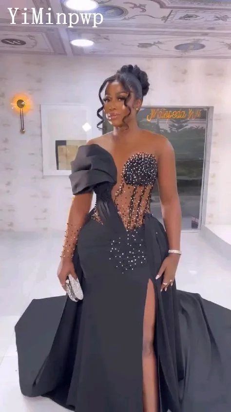 Robe Sirène Noire Africaine avec Poignées et Traîne Amovible, Col Transparent, Manches sulf, Perles Fendues sur le Côté, pour Occasions Formelles, 2023