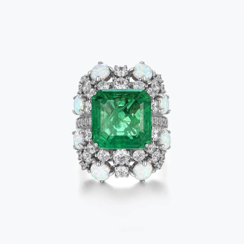 

Bellux top-quality 925 silver synthetic emerald white opal rings square large-sized charm jewelry ring for womenr