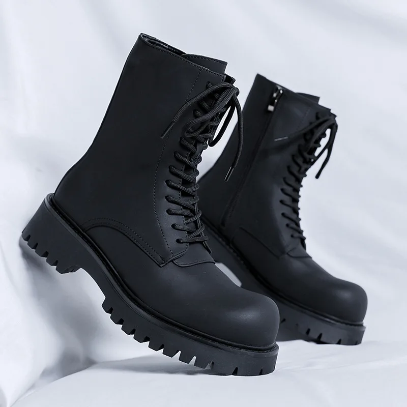 

Мужские модные высокие мотоциклетные ботинки, черные стильные туфли на платформе, ботинки из натуральной кожи на шнуровке, длинные рыцарские ботинки для сцены, ночного клуба