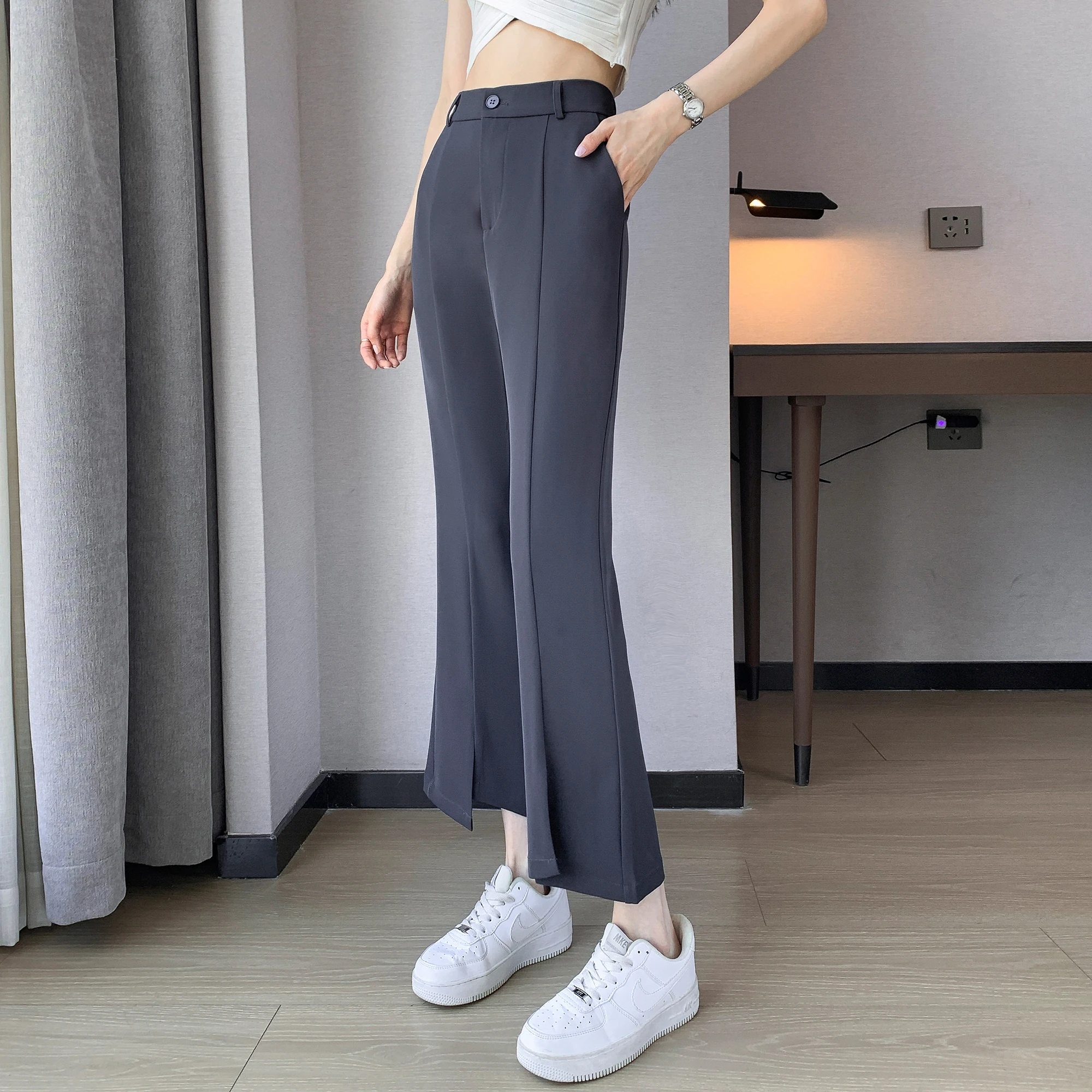 

HappyLisa Summer Ladies Women Suit Pants Wide Leg High Waist Irregular Split Loose Pant Female Casual Chic Trousers P24