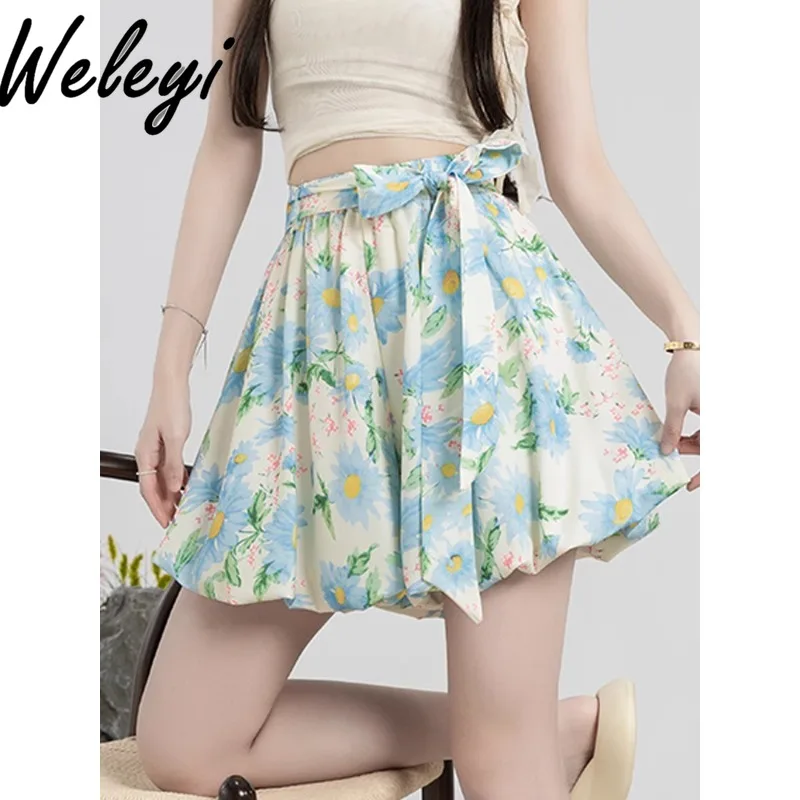 

Sweet Bud Puffy Shorts 2024 New Women Summer High Waist with Straps Printed Chiffon Culottes Seaside Casual Wide-Leg Short Pants