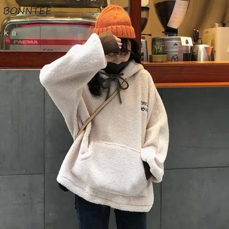 

Winter Hoodies Women with Hat Plus Velvet Thickening Keep Warm Streetwear Pockets Fashion Letter Printing Students Youthful Chic