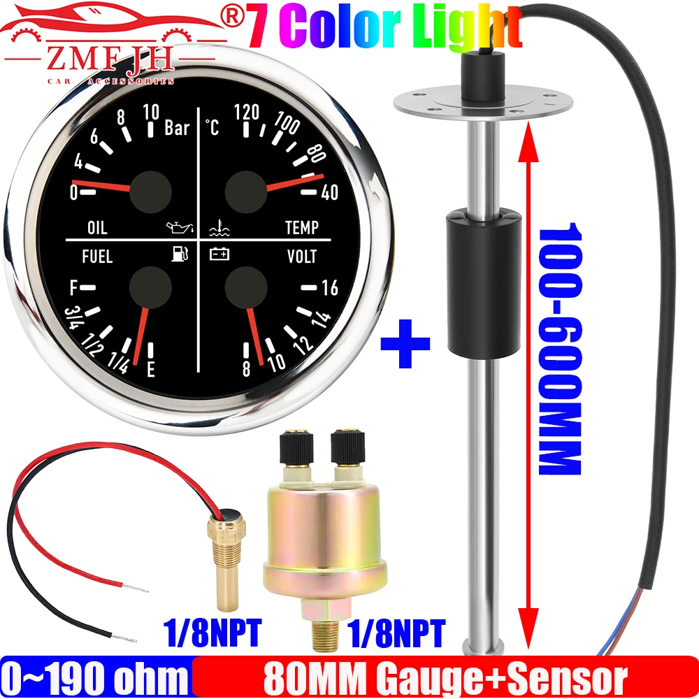 

ZMFJH 7 Color 80MM Oil Pressure+Water Temp+Fuel Level Gauge+Voltage with Temp Sensor Oil Float Sensor 0-190ohm Car Boat Yacht