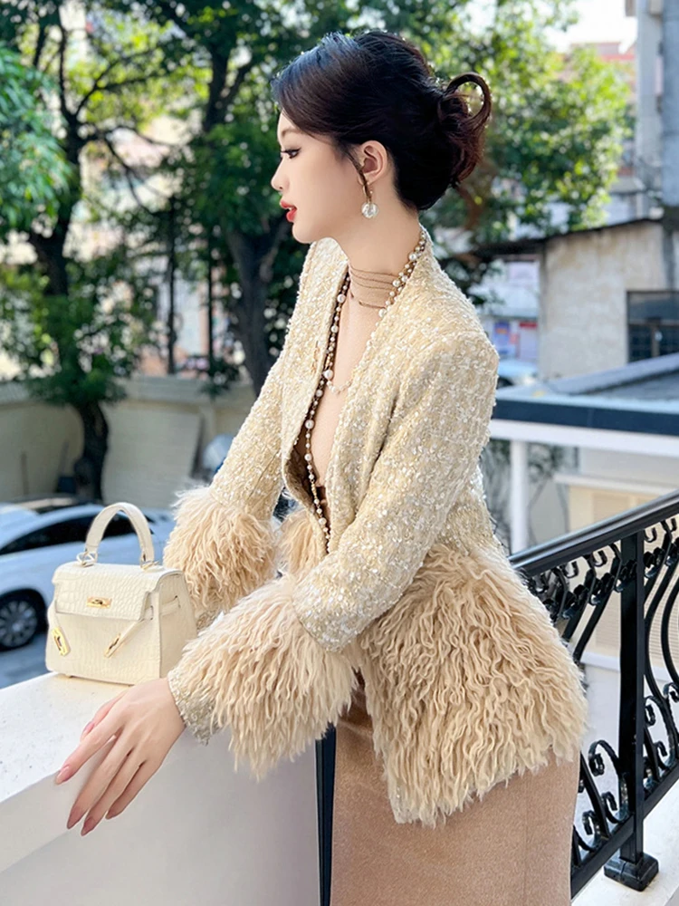 Women\'s Exquisite Luxury Elegant Jackets Sparkling Thick Tweed Artificial Fur Belt Bandage Coat Femme Party Banquet Outwear Tops