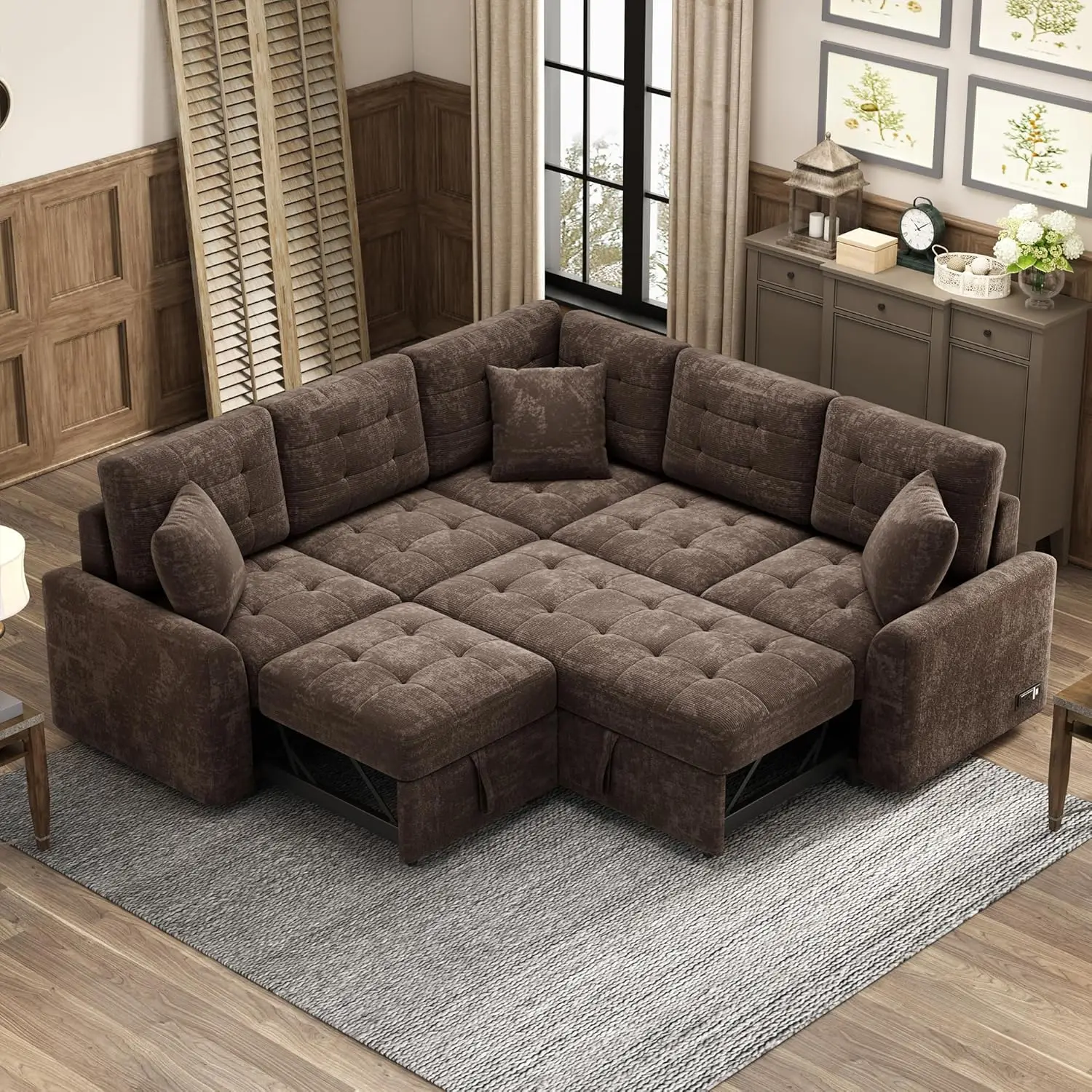 

Sleeper Couch L Shaped Sofa with Pillows and USB Ports, L-Shape Sectional Couch with Comfortable Backrest and Power Sockets