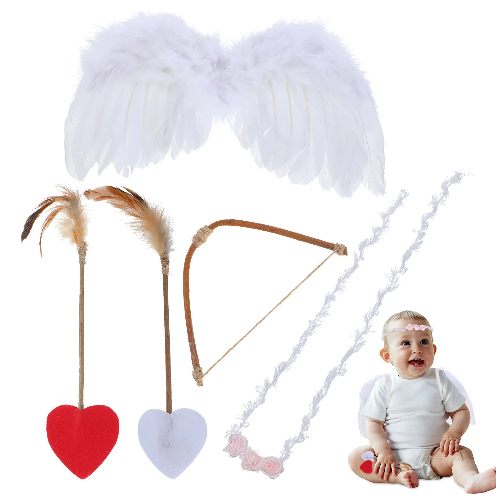 

Набор для фотосессии новорожденных: повязка на голову с крыльями ангела, костюм купидона, пушистые крылья, реквизит для фотосъемки, бантик, стрелы, сказочное платье