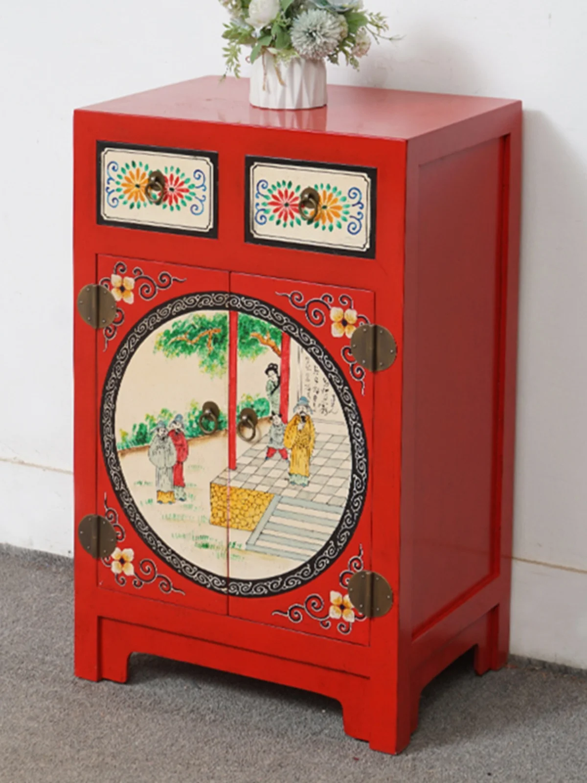 Chinese painted bedside table solid wood locker retro hand painted all solid wood edge few