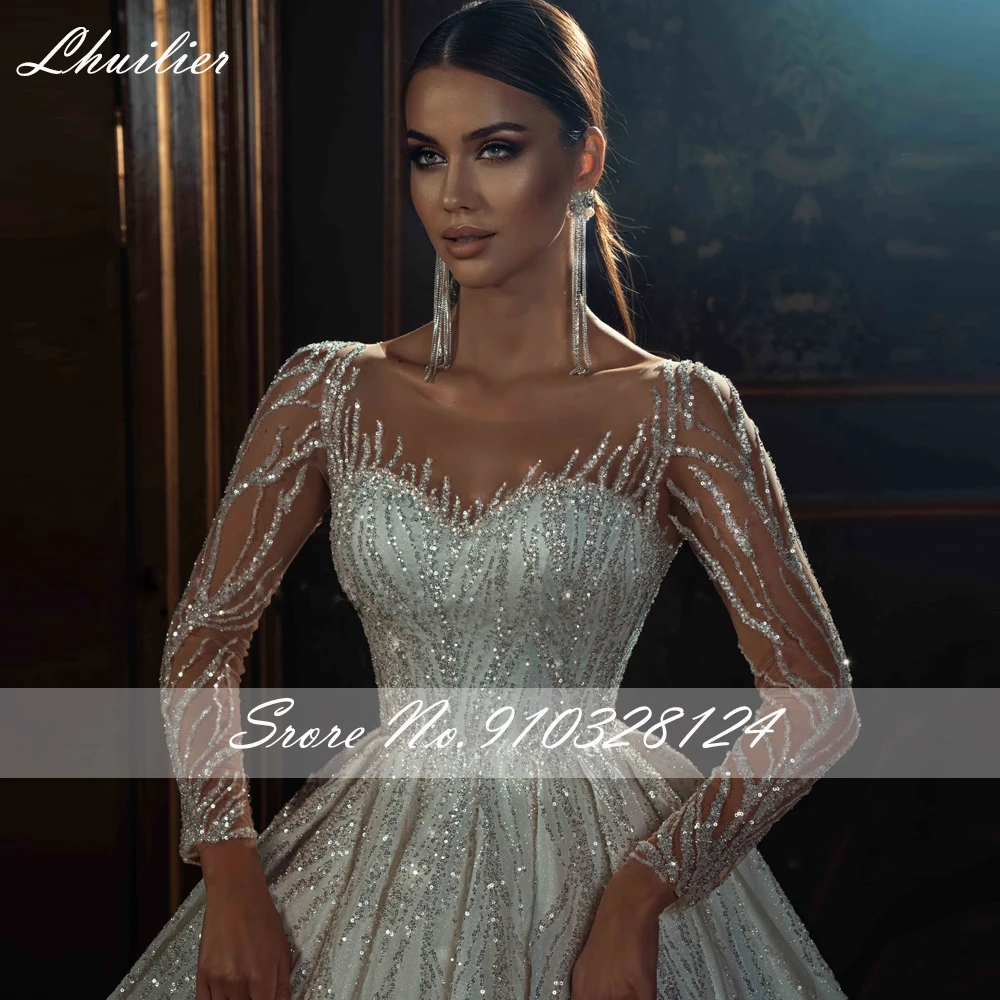 Lhuillier Scoop Neck A Line Shiny Sequined Wedding Dresses Full Sleeves Princess Beaded Bridal Dress with Chapel Train