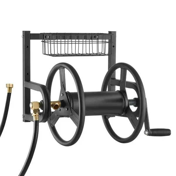 

Wall Mounted Garden Hose 125ft 5/8 in Hose Holder Brass Fitting & Basket