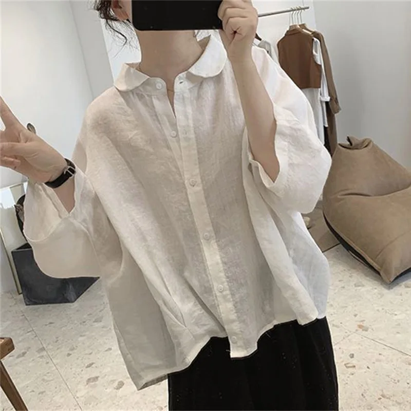 Camicia da donna in cotone e lino 2024 estate nuova camicetta da donna con colletto a bambola dimagrante oversize a maniche a pipistrello con