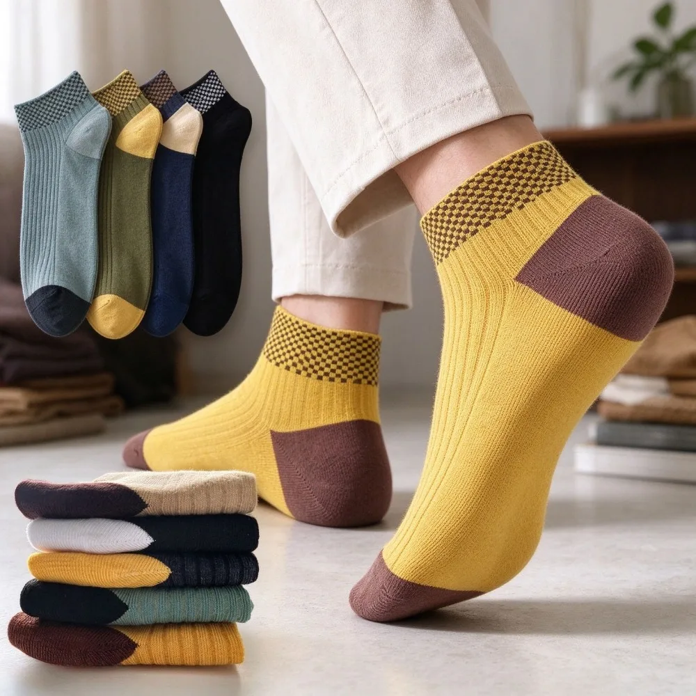 Men Ankle Socks, Plaid & Dot Pattern, Spring Autumn Versatile Sports Short Socks, Sweat Absorbent Breathable Men Socks