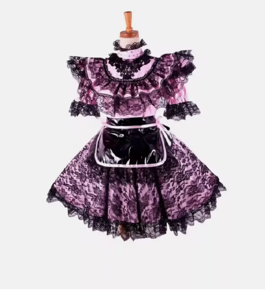

Pink PVC short sleeved senior lace inlaid independent apron dress feminine maid cross dresser can lock cosplay costume customiz