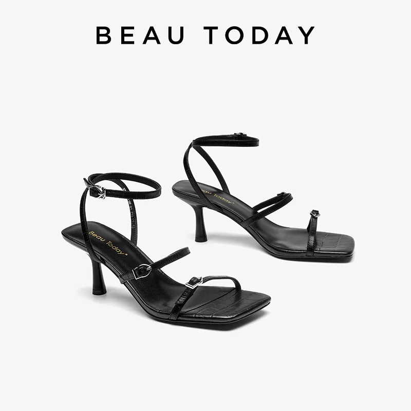 BEAUTODAY Elegant Sandals Women Genuine Cow Leather Solid Color Square Toe High Heel Buckle Strap Ladies Shoes Handmade 31250