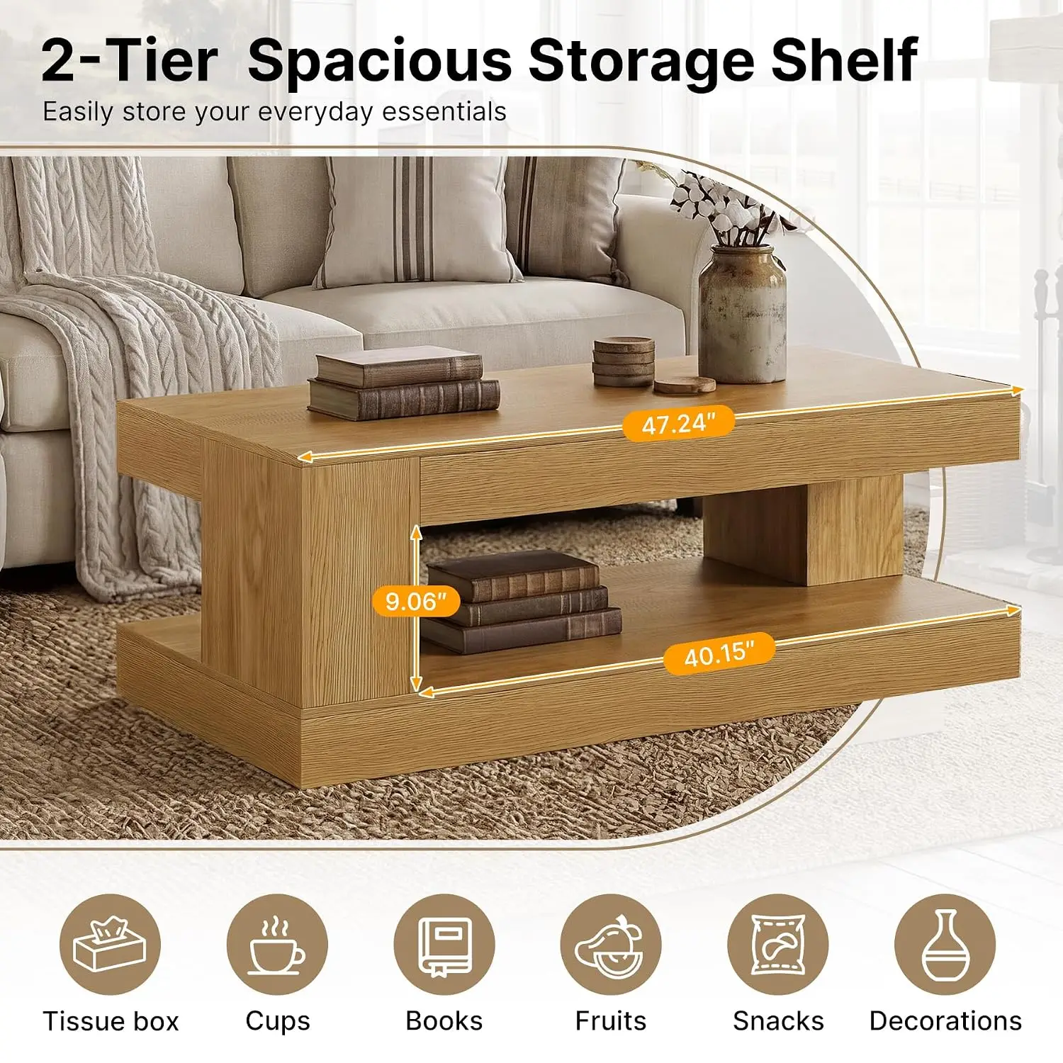 Rustic Coffee Table with Storage Shelf & LED Light, 2-Tier Wood Center Table for Living Room, 47