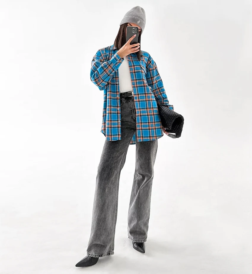 Women Vintage Long Sleeve Shirt Oversized Plaid Single Breasted Shirt Autumn Winter Fashion Loose Lapel Pocket Shirt Fit Blouse