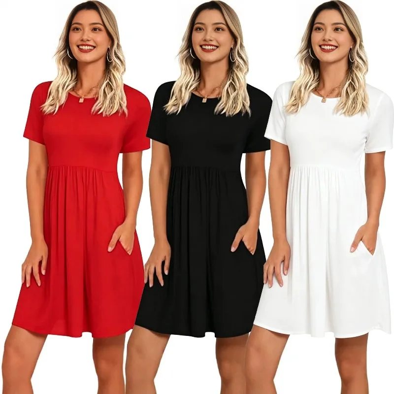 

Fashionable elastic waist short sleeved knitted round neck short sleeved dress
