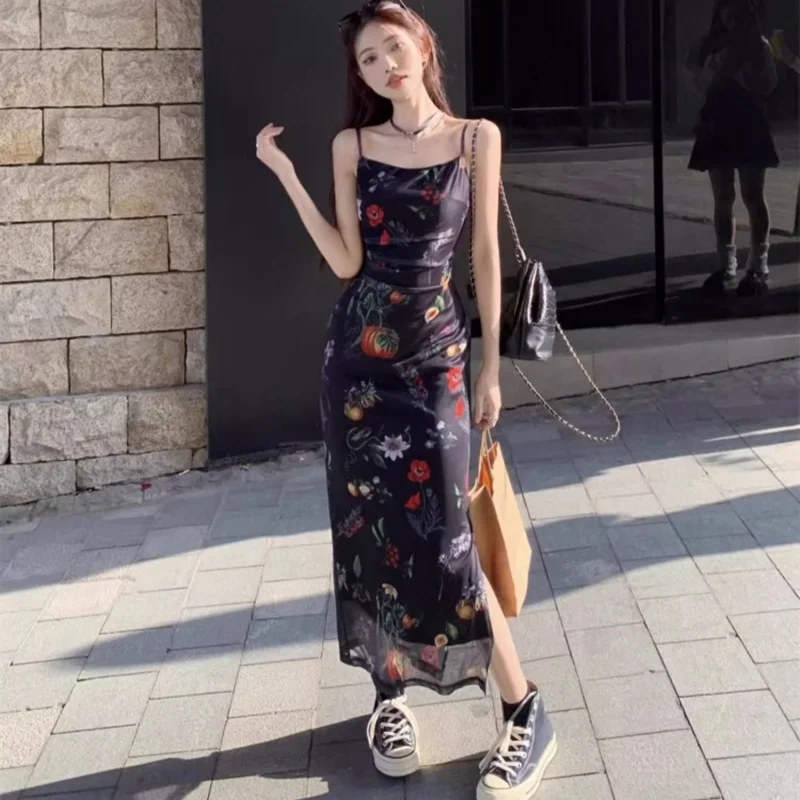 

Women Summer Slip Long Dress Lady Elegant Sheer Side Slit Floral Print Dress Female Vintage Sexy Square Neck Date Dress
