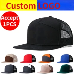 Własne Logo tekst 7 Panel płaski rondo czapka z daszkiem mężczyźni i kobiety Mesh ciężarówka kapelusz lato odkryty regulowana bejsbolówka Hip Hop Gorras