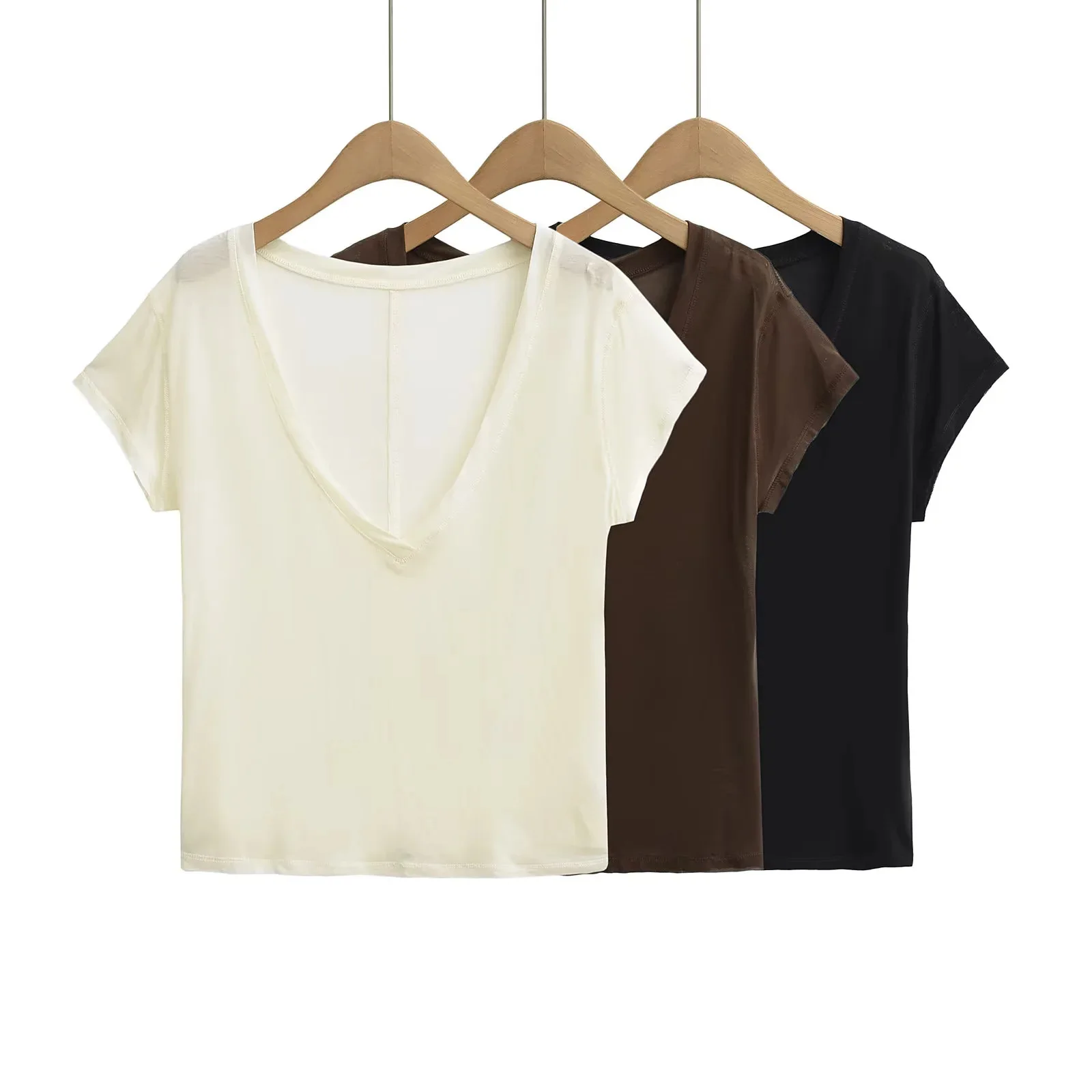 

Белая хлопково-льняная футболка с V-образным вырезом и коротким рукавом для женщин, лето 2024, новый стиль, прозрачный топ Pure Desire Spicy Girl