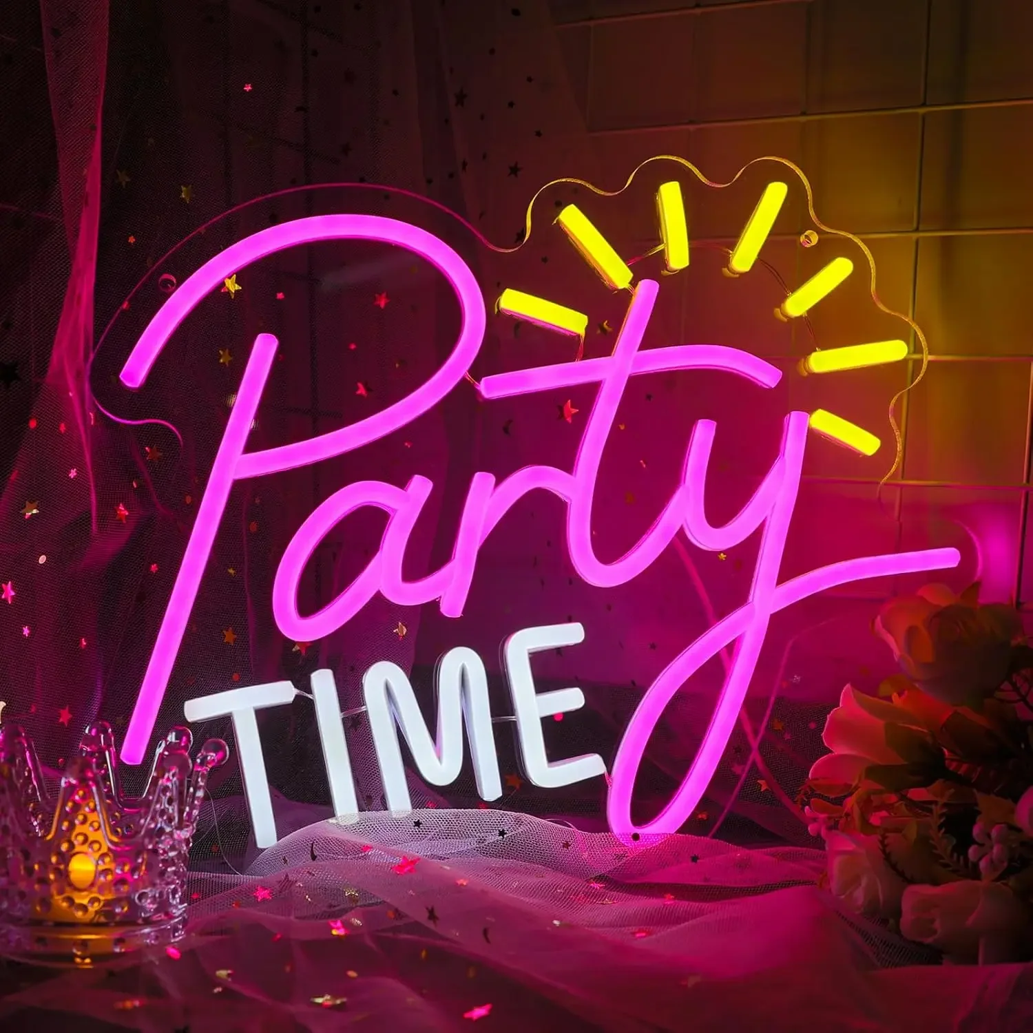 

Неоновая вывеска Party Time, USB-светильник с регулируемой яркостью, светодиодный настенный светильник, розово-желтый светильник в форме солнца для празднования дня рождения, домашнего бара, игровой комнаты, праздничного декора