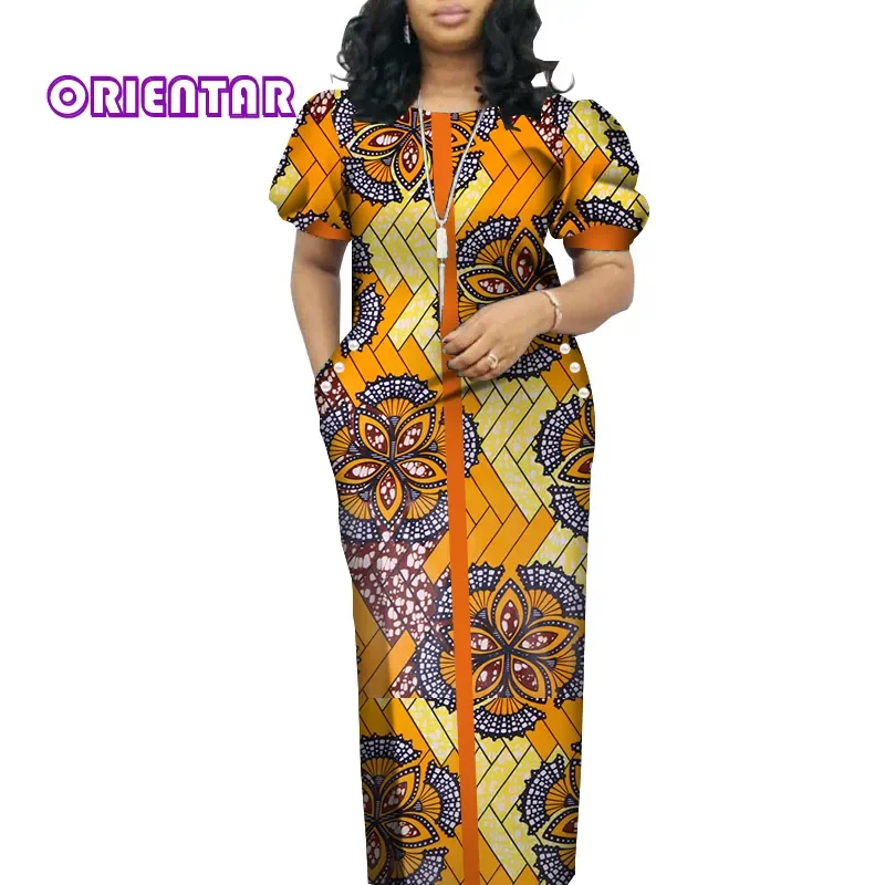 

Elegant Women African Dress O-neck Short Puff Sleeve Long Maxi Dresses African Print Clothing Bazin Riche Plus Size Dress WY4542