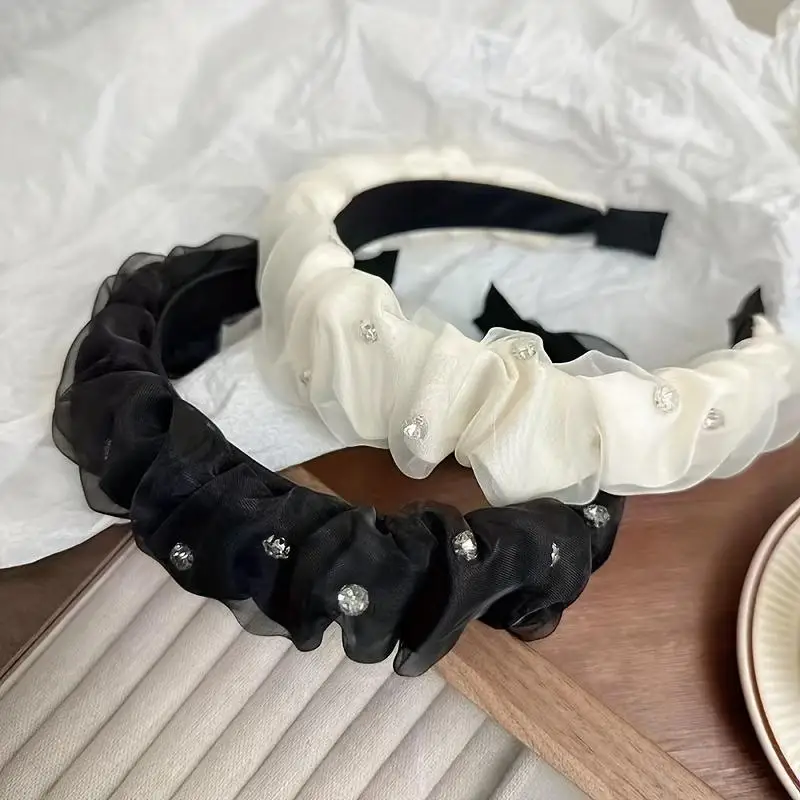 1 шт. женская сетчатая черно-белая широкая повязка для волос с бриллиантами, простая и элегантная для повседневных вечеринок