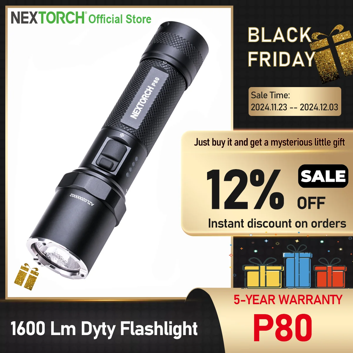 Nextorch  P80 1600 lumensRechargeable high brightnes Tactical Flashlight , LED Law Enforcement Outdoor Sports Fishing Camping