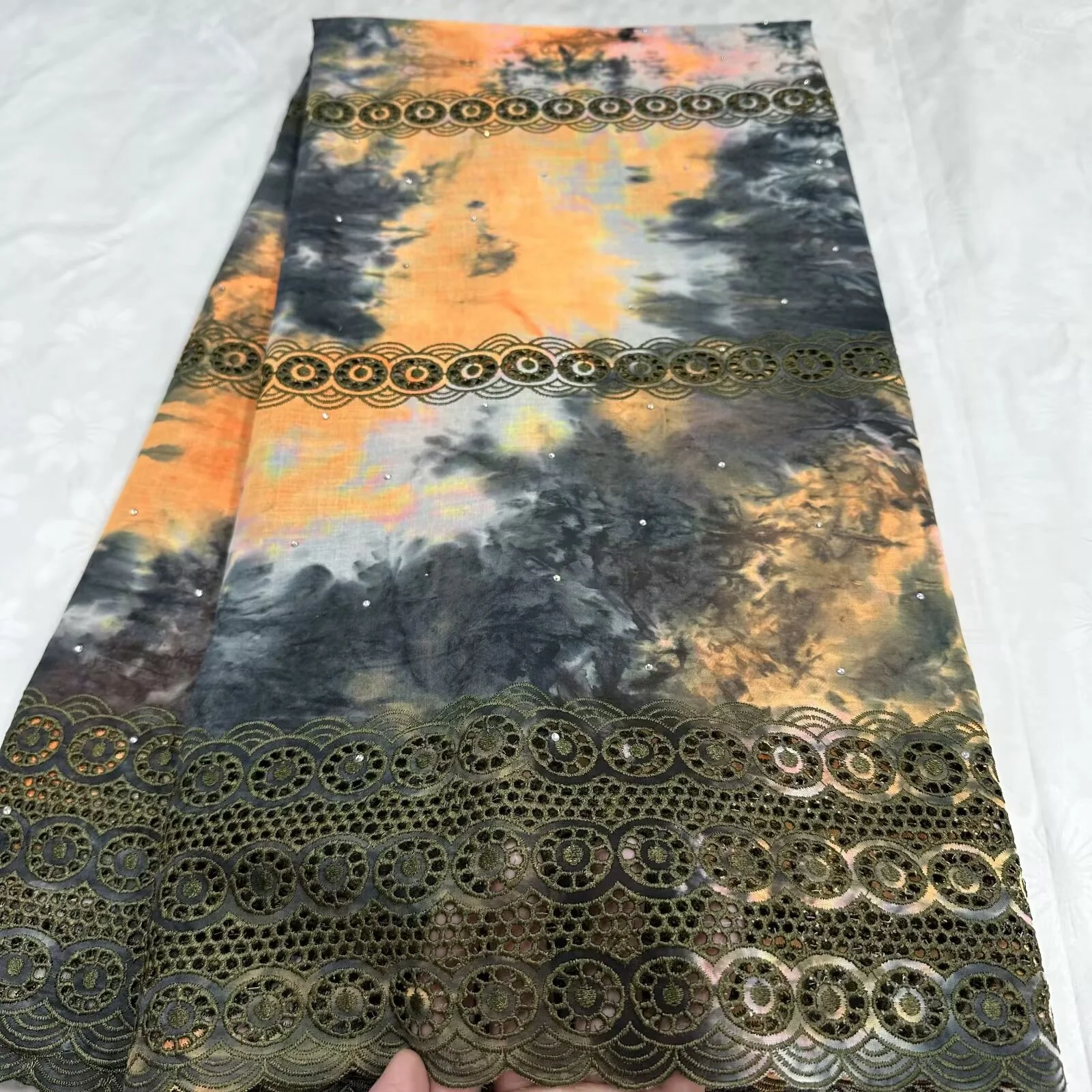 

5 ярдов Tie-Dye, африканская многоцветная швейцарская вуаль, кружевная ткань, вышивка, высокое качество с камнями, 100% хлопок для свадьбы QZ