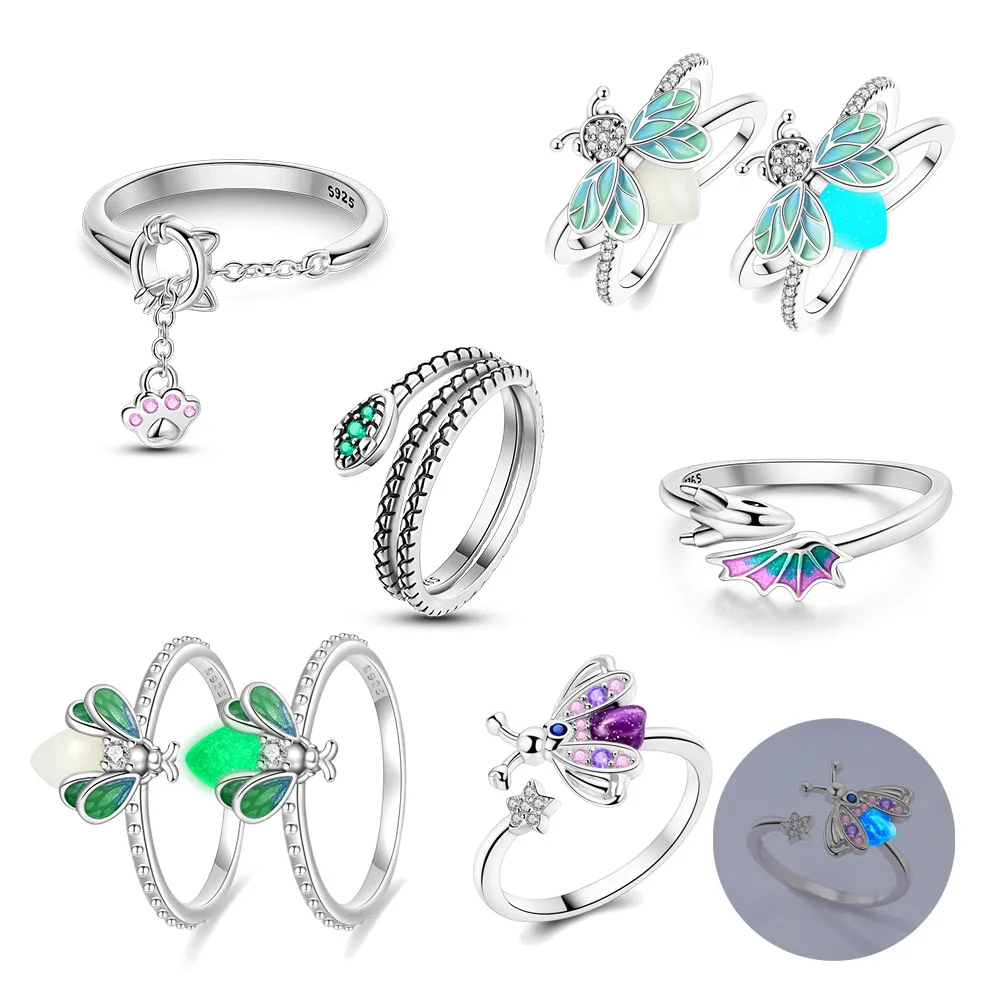 

Beautiful 925 Sterling Silver Glow-in-the-dark Firefly Cat's Paw Snake Ring Fine Jewelry Party Matching Gifts