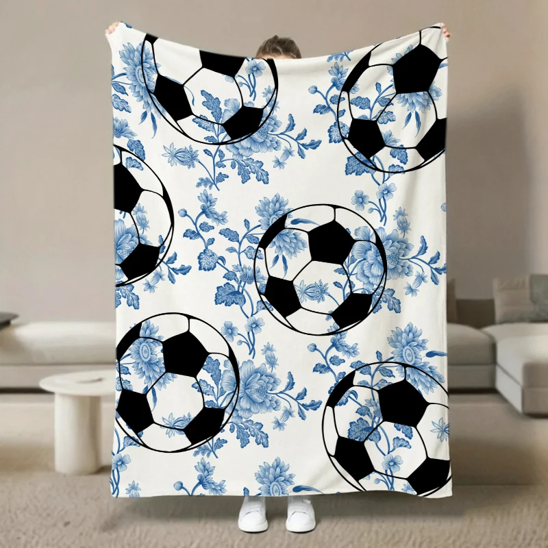Blue White Soccer Flower Vine Sports Flannel Blanket For Active Bedroom Decor Soft Warm Throw Blanket Wrap