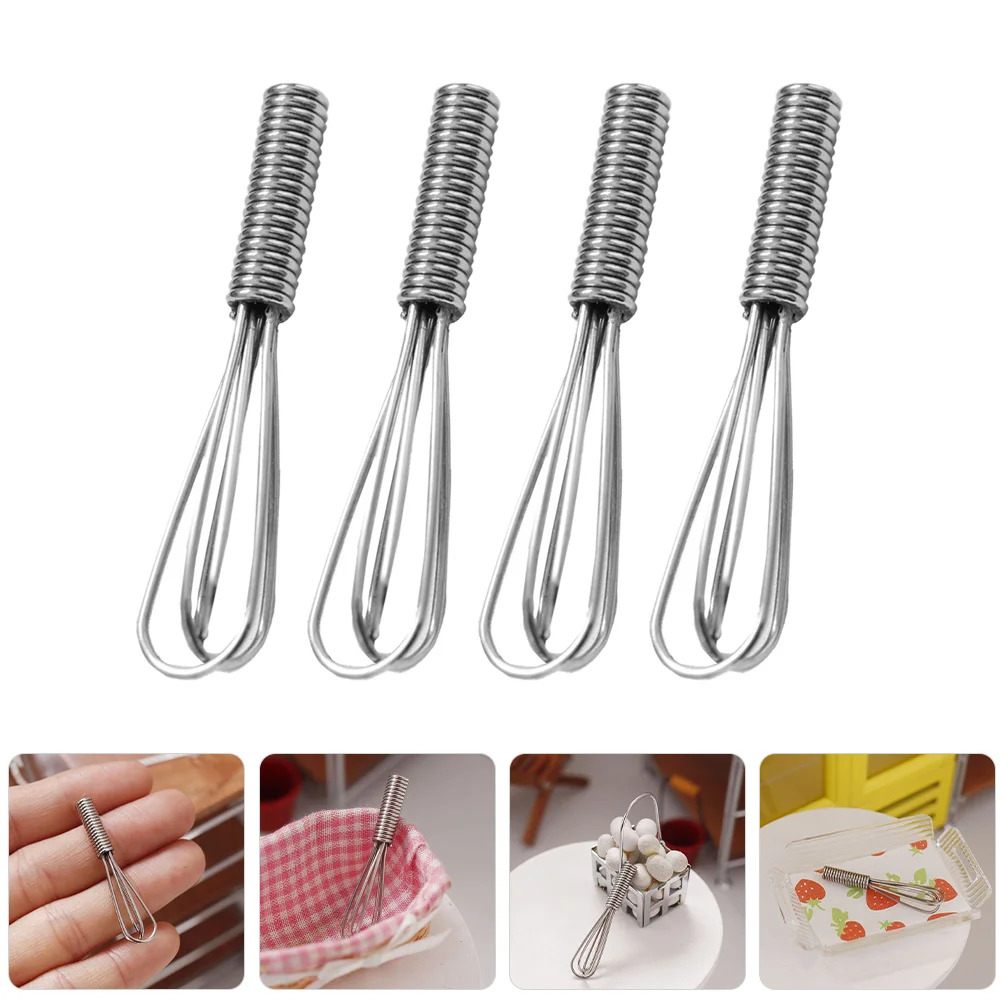 4 Pcs Miniature Food Toy Egg Beater House Kitchen Eggbeater Tiny Baking Ornaments Whisk Model Stainless Steel Decors