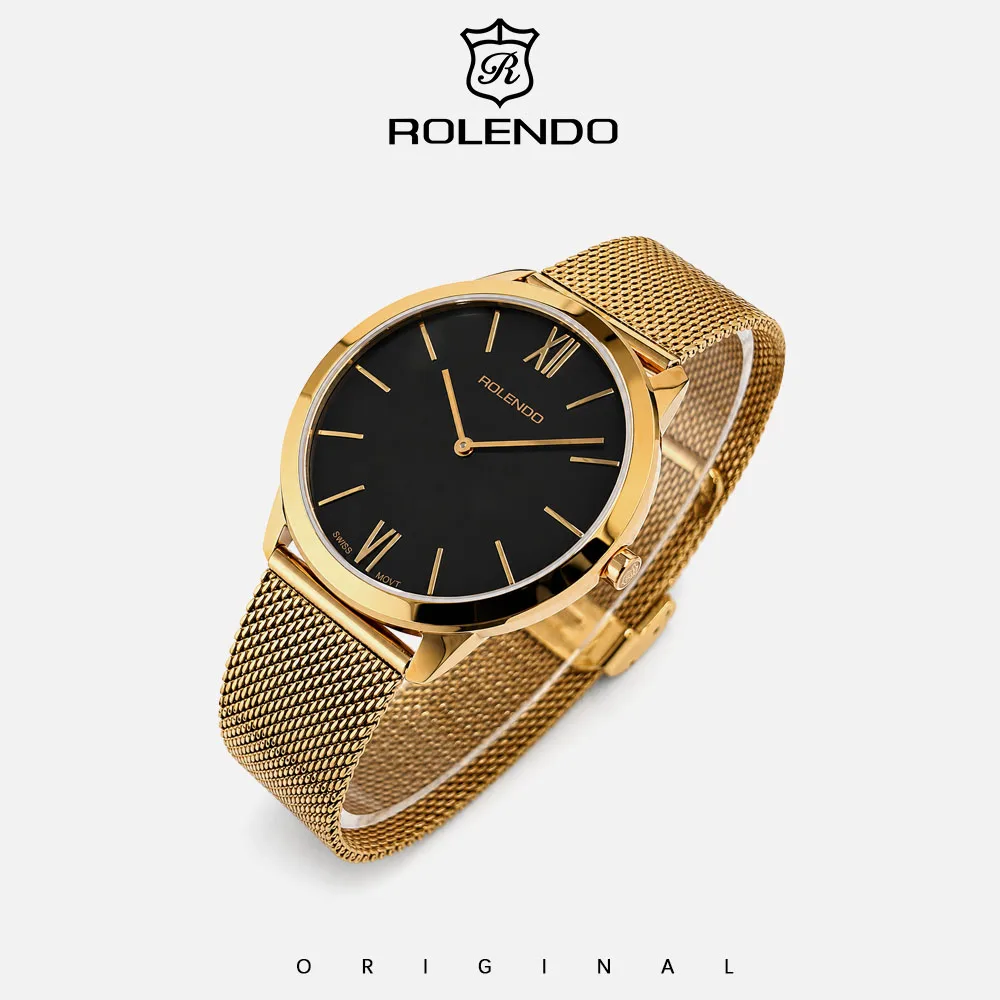 ROLENDO Men's Swiss Movement Quartz Watch Business Dress Wristwatch Waterproof Classic Luxury Style Casual Boy Gold Watches