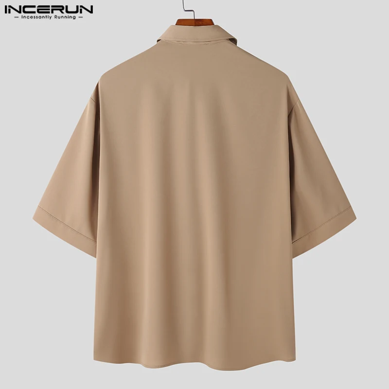 INCERUN 2024 Men\'s Shirt Solid Color Lapel Short Sleeve Loose Korean Casual Men Clothing Streetwear Fashion Leisure Shirts S-5XL