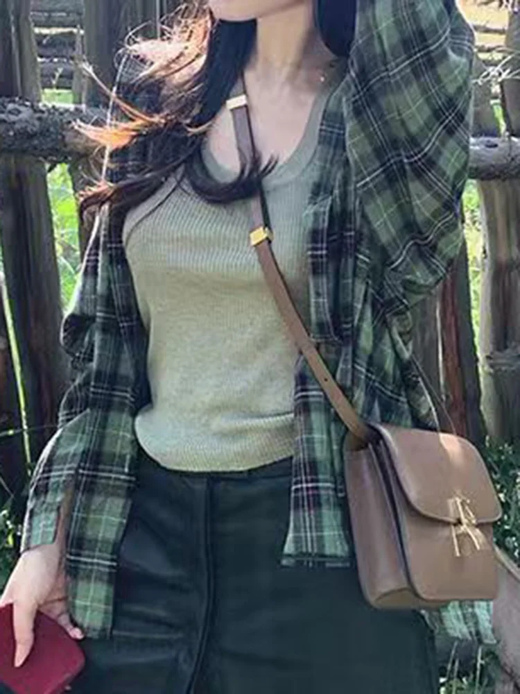 Green Plaid Shirts Women Autumn Port Auze Loose Button Up Dragon Sleeve Coat Y2s Coat Y2k