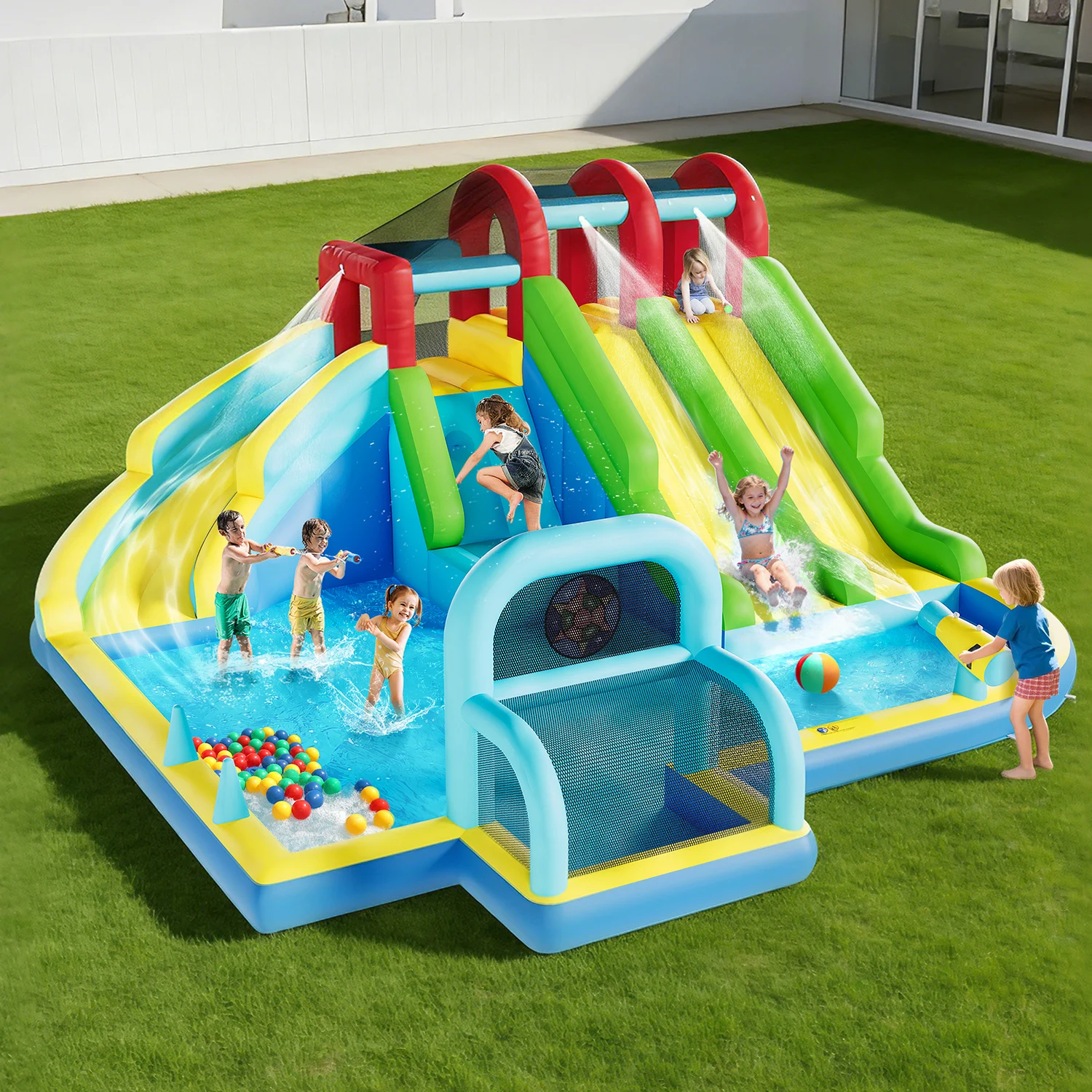 

Indoor Outdoor Inflatable Bounce Castle w/3 Water Slides, Oxford Bounce Play Center for Kids Kindergarten Backyard Water Sports