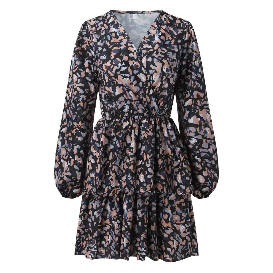 

Teen Dresses Summer Women V Neck Floral Print Long Sleeve Ruffled Casual Mini Dress платье женское