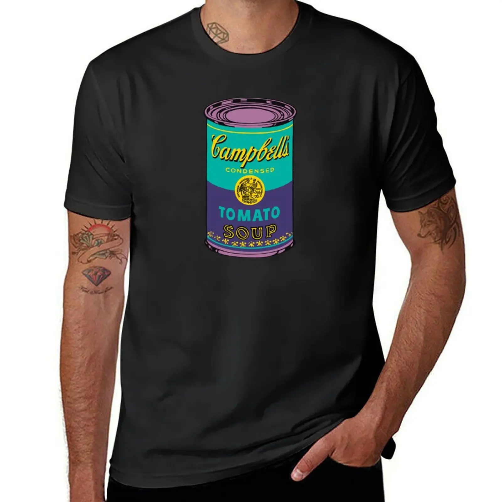 Pop Art Tomato Soup Can | Teal, Purple, Yellow T-Shirt blacks anime mens t shirt