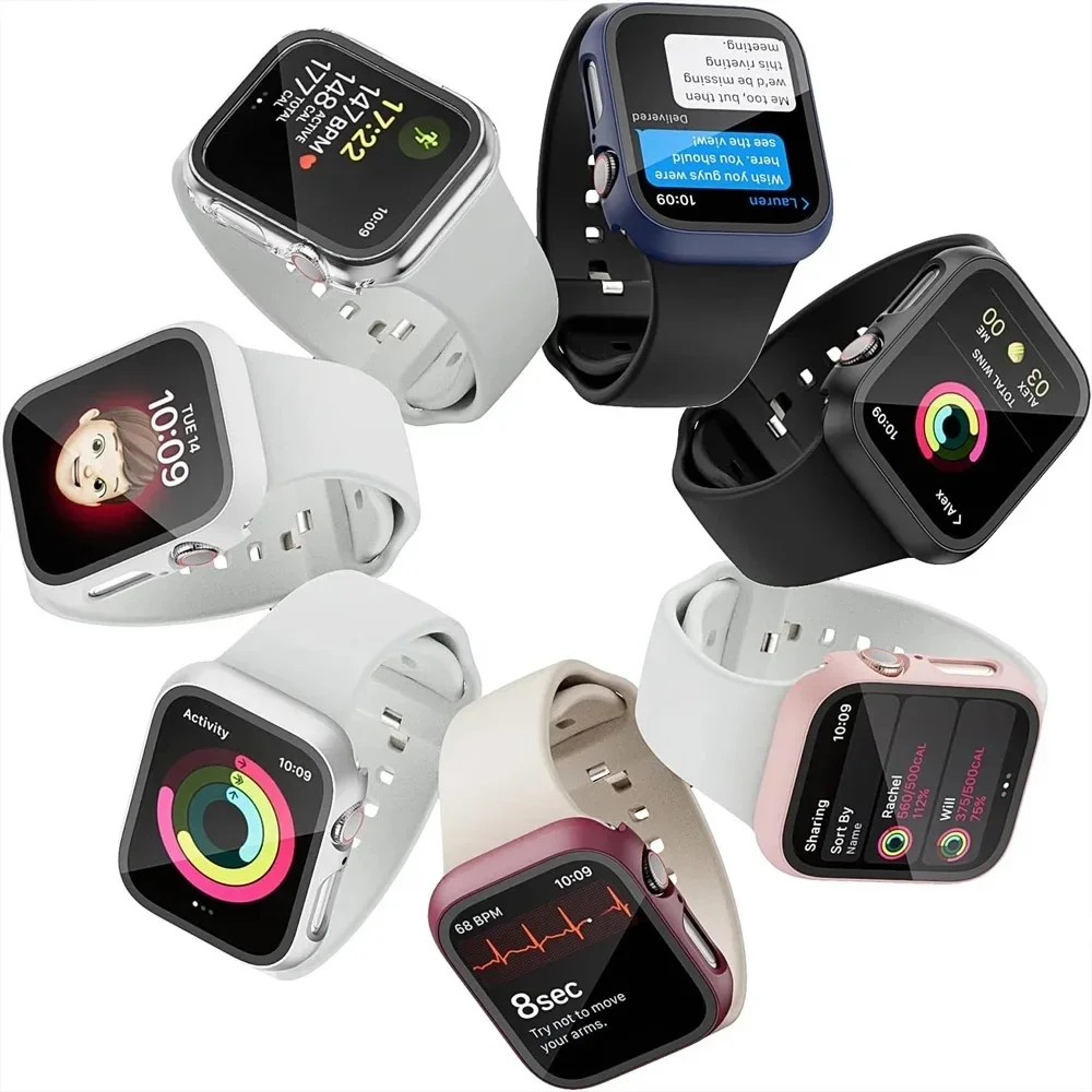 Vetro + copertura per Apple Watch 9 8 7 6 Se 5 4 3 45mm 44mm 41mm 40mm 42mm 38mm protezione dello schermo paraurti accessori per cassa dell'orologio Apple