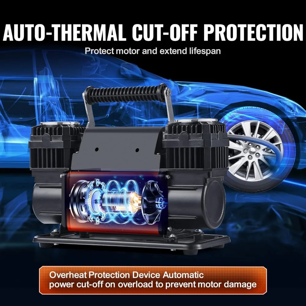 Воздушный компрессор высокой емкости VEVOR 10,6 CFM, быстрая 30-секундная накачка шин |   Компактный двухцилиндровый портативный надувной насос, 12 В, 150 фунтов