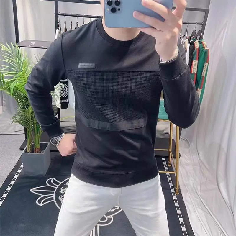 2024 Spring and Autumn New Splicing Men\'s Pullover O-Neck Minimalist Fashion Solid Color Loose and Versatile Long Sleeve Hoodies