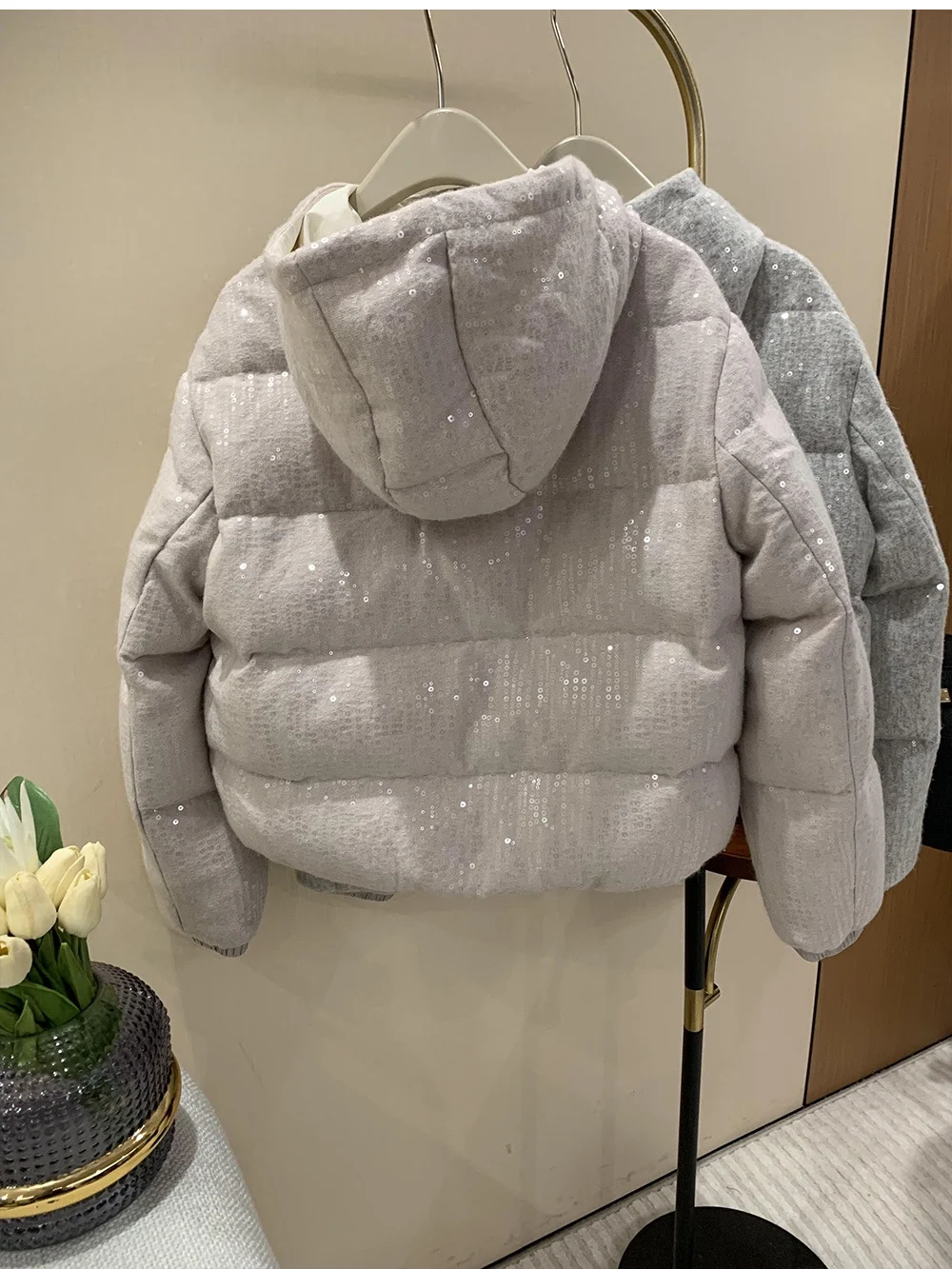 Women's Shining Sequin Hooded Goose Down Jacket Cashmere Wool Short Warm Down Jacket