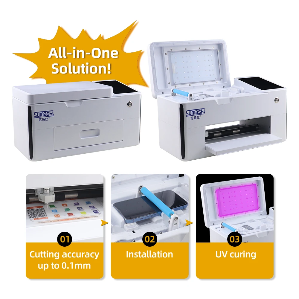 Automatic Hydrogel Tpu Mobile Screen Protector Film Skin Sticker Cutting Cutter Plotter Uv Applicator Curring Lamination Machine