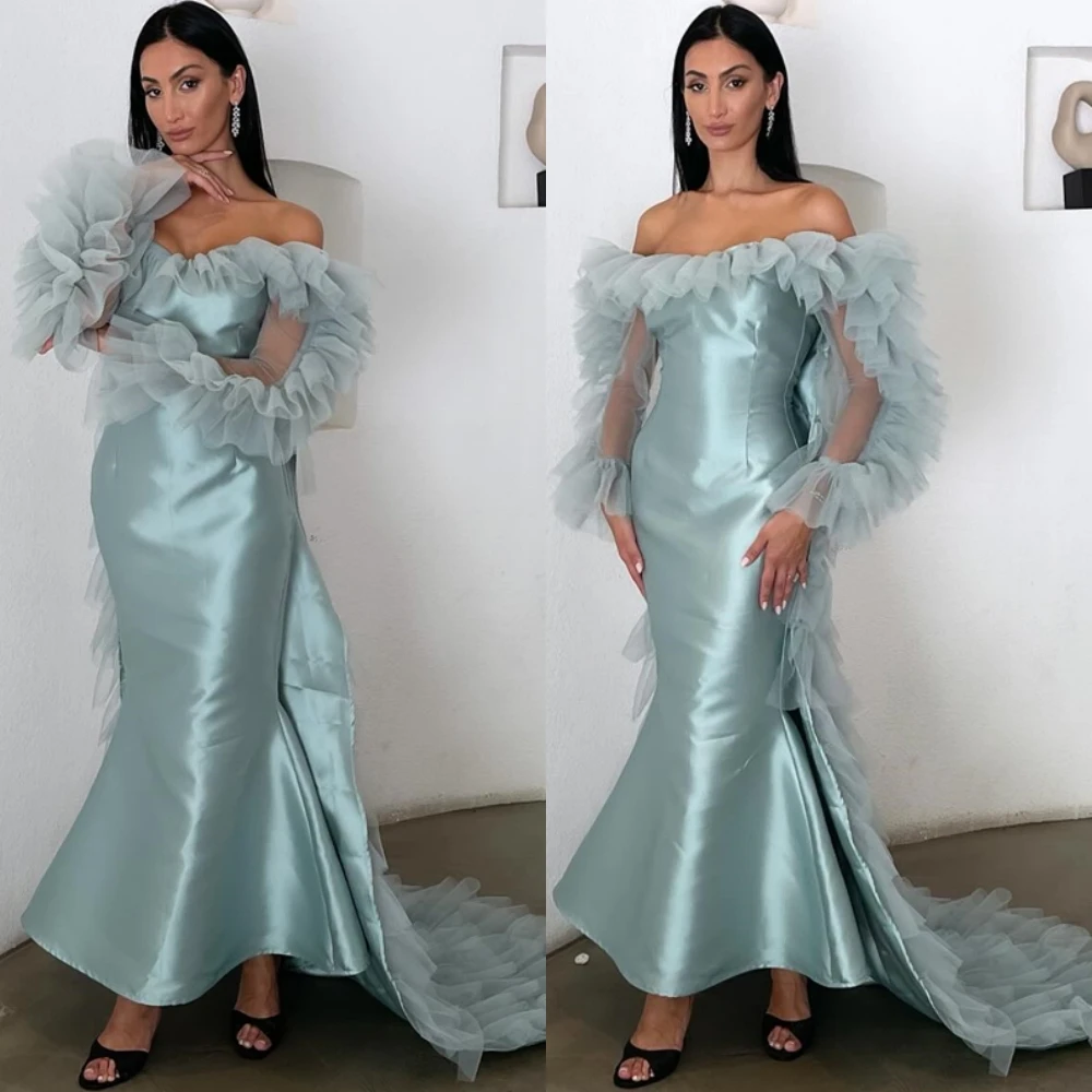 Customized Modern Satin Mermaid Evening Dress Delicate Boat Neck Prom Dresses Temperament Watteau Train Special Occasion Gowns